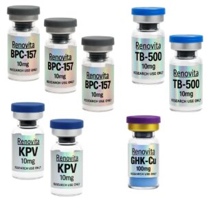KLOW Stack 1200×1200 Klow Stack — Qty 3: BPC-157 (10 mg vials) + Qty 2: TB-500 (10 mg vials) + Qty 1: GHK-Cu (100 mg vial) + Qty 2: KPV (10 mg vials) (RESEARCH USE ONLY)